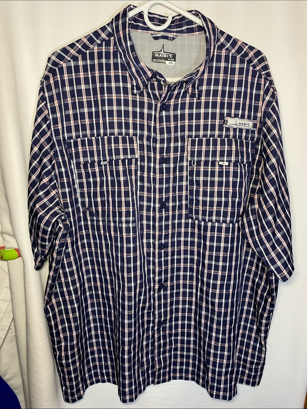 Habit Button Down Mens Fish Finder Peacoat Plaid Shirt Size XL EUC